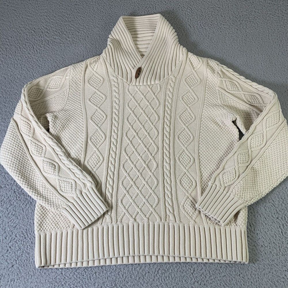 L.L. Bean Cream Cable Knit Shawl-Button Crewneck Sweater
